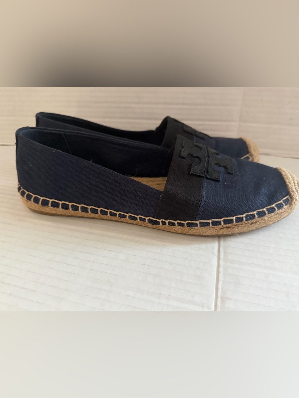 Tory Burch Espadrilles Womens 7 Navy Canvas Logo Slip On Flats Casual Shoes